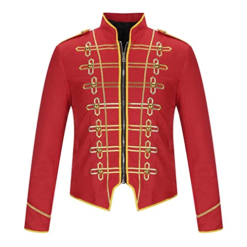 RKaixuni Herren Viktorianischer Punk-Offizier Military Drummer Parade Jacke Reißverschluss Steampunk Frack Uniform Halloween Kostüm, rot, XXL von RKaixuni