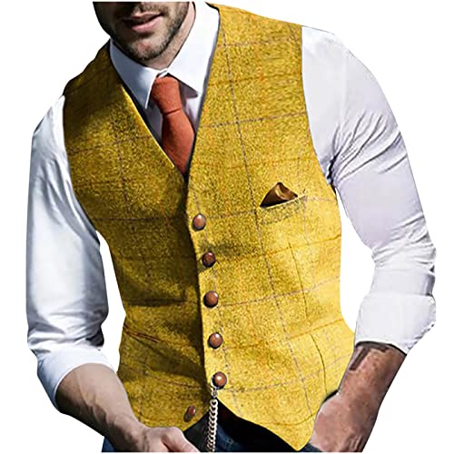 RKaixuni Herren Weste Formale Karierte Blazer Westen Jacke Elegant Ärmellos Business Hochzeits Party Weste Baumwolle Anzug Weste Männer Hochzeitsfeier Karo Westen Steppweste Outdoor von RKaixuni