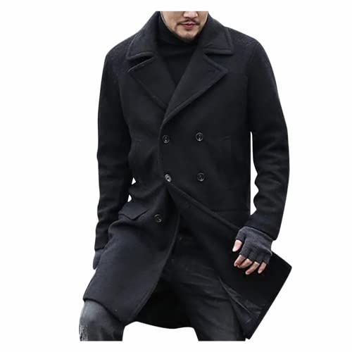 RKaixuni Herren Wintermantel Warme Winterjacke Lang Schwarz Zweireiher Trenchcoat Wollmantel Slim Fit Herrenmantel Business Mantel Herren angenehme Übergangsjacke für Männer von RKaixuni