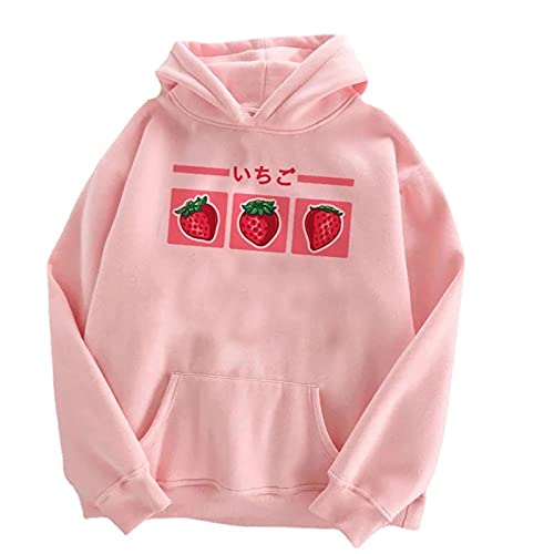 RKaixuni Japanese Kawaii Erdbeere Hoodie Damen Oversize Kapuzenpullover Kordelzug Langarm mit Taschen Cute Strawberry Druck Pullover Billig Sweatshirt mit Kapuze Niedliche Sachen für Teenager Mädchen von RKaixuni