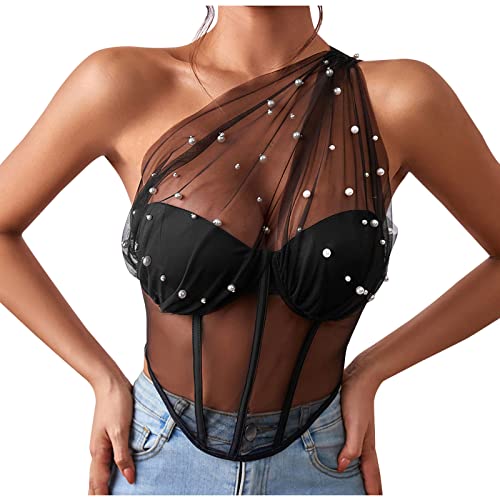 RKaixuni Korsett-Oberteile für Damen, Perl-Mesh-Top, eine Schulter, Push-Up, Fischgrätenmuster, Bustier, Reißverschluss, Clubwear, Party-Outfits, Schwarz , 38 von RKaixuni