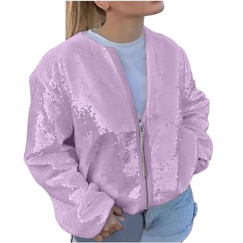 RKaixuni Paillettenjacken für Damen, glitzernd, mit Reißverschluss, Bomberjacke, glänzend, 90er-, 80er-Jahre, Disco-Outfit, Vintage-Mantel 2024, modische Kleidung, violett, 46 von RKaixuni