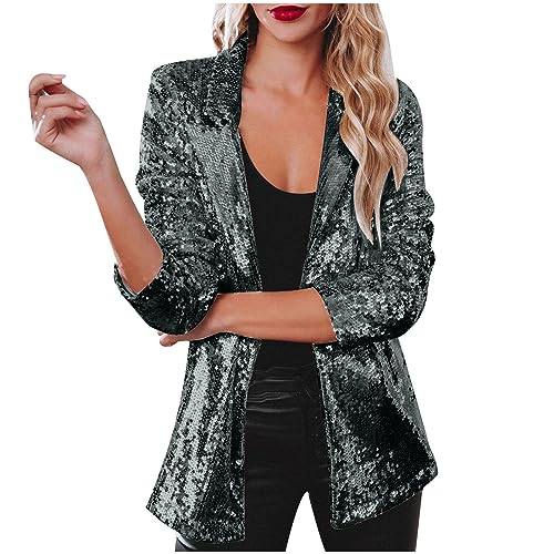 RKaixuni Paillettenjacken für Damen, modischer Blazer, Revers, Trenchcoat, funkelnd, glänzende Jacke, 90er-, 80er-Jahre Disco-Outfit, grün, 48 von RKaixuni