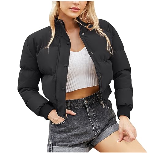 RKaixuni Puffer Jacke Damen Winter Warm Kurzer Mantel Verdicken Gesteppt Leicht Reißverschluss Jacken Cropped Active Outdoor Outwear, Schwarz , 48 von RKaixuni