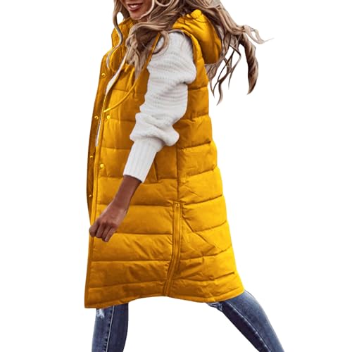 RKaixuni Puffer Jacken Damen Lange Weste Ärmellos Winter Warm Daunenmantel Leichte Steppweste Mit Kapuze Weste Outwear, gelb, 54 von RKaixuni
