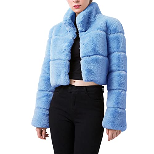 RKaixuni Winter Damen Kunstfell Mäntel Fuzzy Shaggy Jacken Mode Cropped Langarm Jacke Slim Fit Petite Mantel Oberbekleidung, hellblau, 38 von RKaixuni