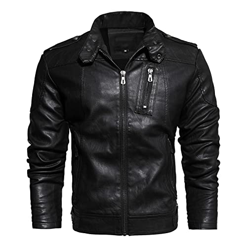 RKaixuni Winterjacke Herren Cyberpunk Lederjacke Schwarz PU Leder Stehkragen Sherpa Bomberjacke Übergangsjacke Steppjacke Cropped Zip Motojacke Warm Wintermantel Motorradjacke von RKaixuni