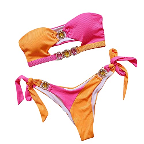 Sexy Knit Gerippte Tube Bandeau Bikini Sets für Frauen Glänzende Strass Diamant Badeanzüge Zweiteilige Badeanzüge, Orange, Small von RKaixuni