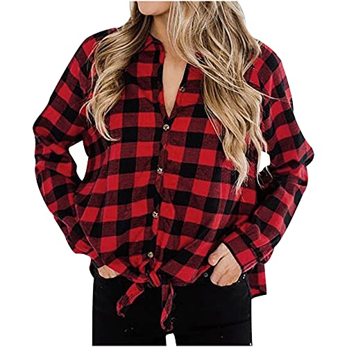 Trachtenbluse Damen Schwarz Karierte Bluse Langarm Casual Button Down Schottenmuster Lockere Oberteile Herbst Teenager Oktoberfest Bluse mit Einstellbare Ärmeln Freizeithemd Blusenjacke Hemdbluse von RKaixuni