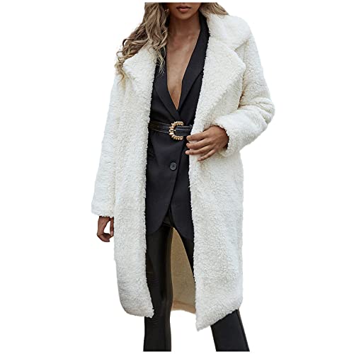 Trenchcoats Damen Lange Sherpa Fleece Jacken Winter Warm Kunstfell Mäntel Revers Offene Vorderseite Cardigans Solide Oberbekleidung, weiß, 38 von RKaixuni