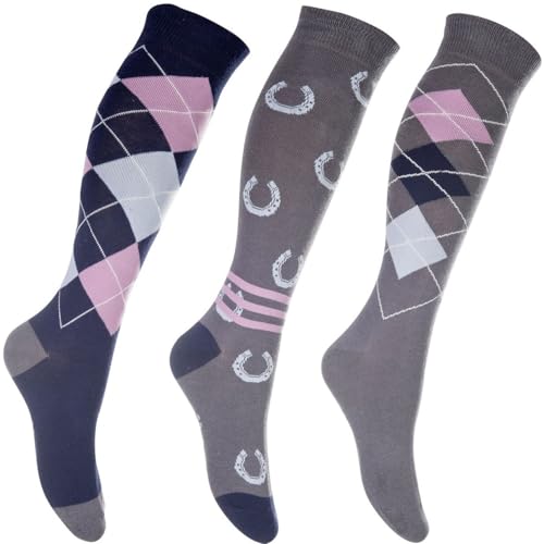 RL24 - Reitsocken Basicline 3er Set – Kniestrümpfe zum Reiten – Kinder Socken – atmungsaktive Reitersocken – Unisex Reitstrümpfe – Reitzubehör in Grau/Blau & Größe 30-34 von RL24