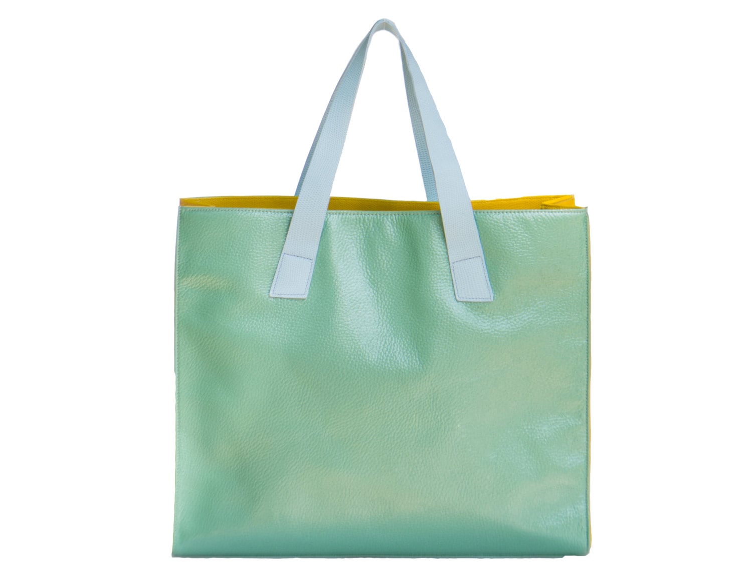 Minze, Grüne Patent Pebble Leder, Gelb & Himmelblau Colorblock Crossbody Hologramm Einkaufstasche Minze, Grüne Patent Pebble Leder, Gelb & Himmelblau Colorblock Crossbody Hologramm Einkaufstasche von RLCNYC