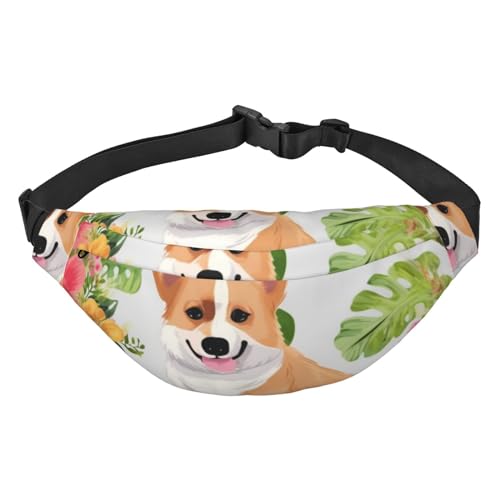 Bauchtasche für Männer und Frauen, tropische Palme, Gürteltasche mit verstellbarem Riemen, modische Hüfttasche für Reisen, Tropische Blume und Corgi, Einheitsgröße von RLDOBOFE