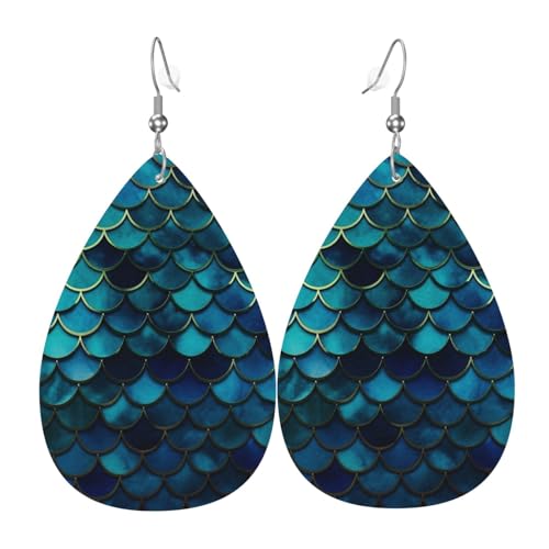 Blaue Fischschuppenmuster, Leder-Ohrringe für Damen, leichte Tropfenohrringe, Vintage, geometrisch, rund, baumelnd, lustige Ohrringe für Geburtstagsparty, Valentinstagsgeschenk, Damenschmuck, 1 Stück von RLDOBOFE