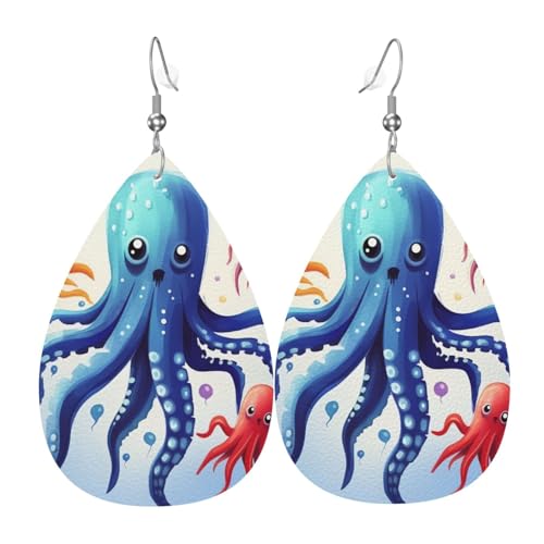 Bunte Tintenfisch-Oktopus-Leder-Ohrringe für Damen, leichte Tropfenohrringe, Vintage, geometrische, runde baumelnde Tropfenohrringe, lustige Ohrringe für Geburtstag, Party, Valentinstag, Geschenk von RLDOBOFE