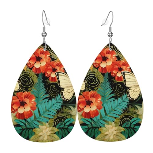 Hintergrundmuster mit Schmetterlingen und Blumen, Leder-Ohrringe für Frauen, leichte Tropfenohrringe, Vintage, geometrische runde baumelnde Tropfenohrringe, lustige Ohrringe für Geburtstagsparty von RLDOBOFE