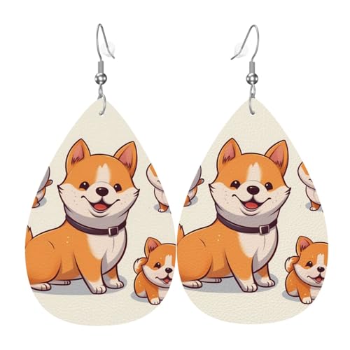 Niedliche Shiba Inu Hunde-Leder-Ohrringe für Frauen, leichte Tropfenohrringe, Vintage, geometrische, runde baumelnde Tropfenohrringe, lustige Ohrringe für Geburtstagsparty, Valentinstagsgeschenk von RLDOBOFE