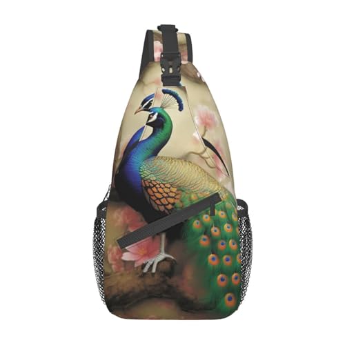 Orientalischer Pfau auf Blume Baum Druck Kreuz Brusttasche Sling Rucksack Crossbody Schultertasche Reise Wandern Tagesrucksack Unisex, Schwarz, Einheitsgröße, Schwarz, Einheitsgröße, Schwarz , von RLDOBOFE