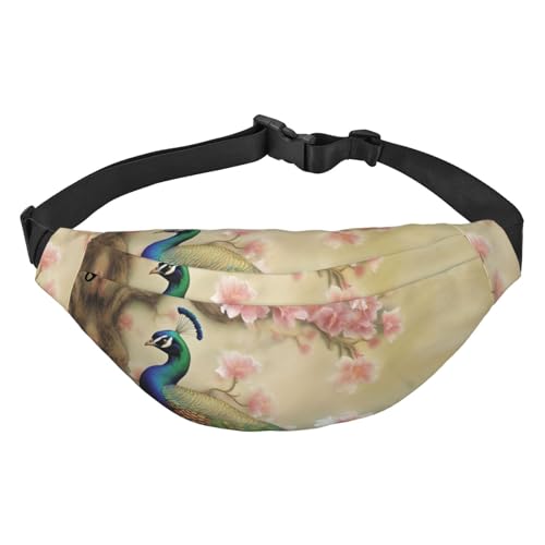 Orientalischer Pfau auf Blumenbaum-Druck, Bauchtaschen für Damen und Herren, Crossbody-Hüfttasche, wasserdichte Gürteltasche mit verstellbarem Riemen, Schwarz, Einheitsgröße, Schwarz, Einheitsgröße, von RLDOBOFE