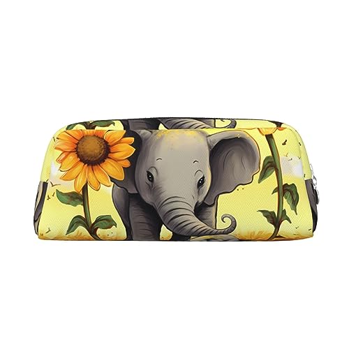 RLDOBOFE Federmäppchen mit Elefant und Sonnenblumen, wasserdicht, mit Reißverschluss, Leder, Stiftebox, Kosmetiktasche für Büro, silber, Einheitsgröße von RLDOBOFE