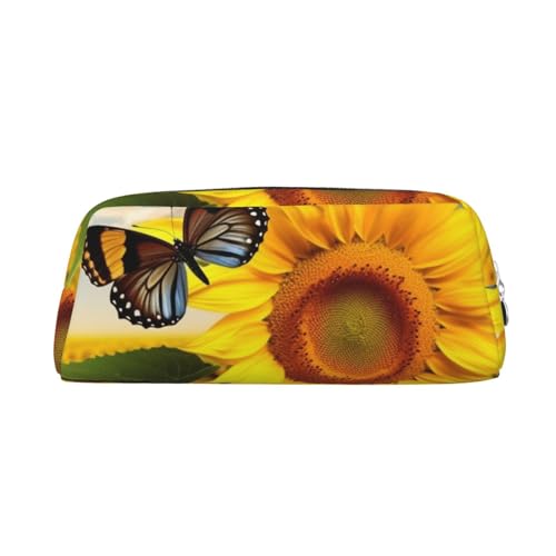 RLDOBOFE Federmäppchen mit Sonnenblumen- und Schmetterlings-Aufdruck, wasserdicht, mit Reißverschluss, Leder-Federbox, Kosmetiktasche für Büro-Bleistifte, silber, Einheitsgröße von RLDOBOFE