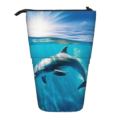 RLDOBOFE Federmäppchen mit schwimmendem Delfin im blauen Meer, aufstellbar, einziehbar, Stiftehalter, Aufbewahrungstasche, Kosmetiktasche für Büro, Weihnachten, Urlaub, Schwarz , Einheitsgröße von RLDOBOFE