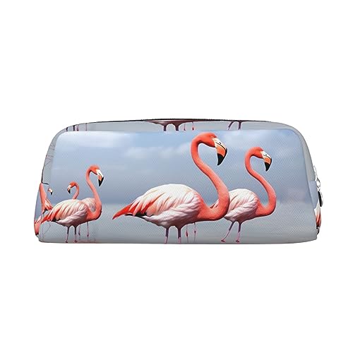 RLDOBOFE Reiseetui mit pinken Flamingos am Strand, wasserdicht, mit Reißverschluss, Leder, Stiftebox, Kosmetiktasche für Büro, Reisen, silber, Einheitsgröße von RLDOBOFE