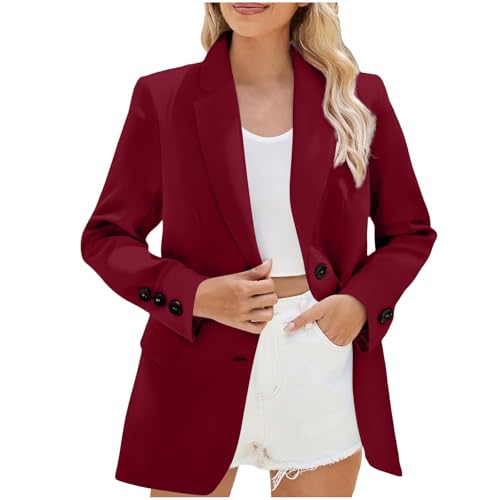 Blazer Damen Elegant Einfarbig Langarm Reverskragen Anzugjacken Einreihig Longblazer mit Zwei Taschen, Futter und gepolsterten Schultern Business Casual Outfits Für Die Arbeit von RLEHJN