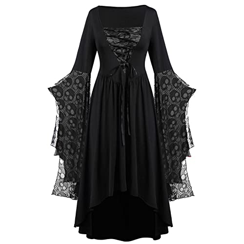 Damen Halloween Kleider Kleid Gothic Spitze Große Größe Vintage Skull Druck Gurt Dolman-Ärmel Knielanges Kleid mit Trompetenärmel und V-Ausschnitt Viktorianisches Kleid Gothic Renaissance Kleidung von RLEHJN