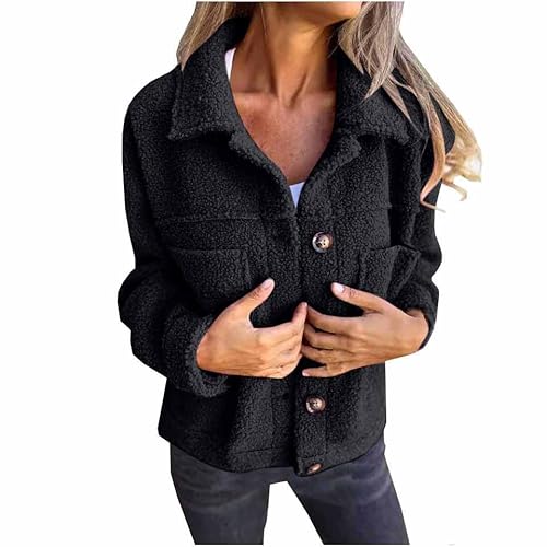 Fleecejacke Damen Fleecepullover Dicke Teddyjacke Revers Wintermantel Warm Plüschjacke Frauen Mit Knöpfen Übergangsjacke Elegant Kuscheljacke Mit Taschen Flauschig Damenmantel Freizeit Windbreaker von RLEHJN