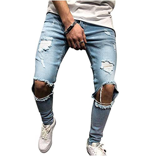 Herren Distressed Jeanshose Ripped Ausgefranste Slim Fit Jeans Skinny Stretch Hose Casual Männer Jeanshosen Denim Pants Super Qualität Verschleißfest Keine Verformung von RLEHJN