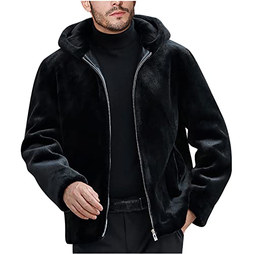 Kunstpelz Jacke Herren Pelzmantel Herren Faux Pelz Kunstfell Mantel Pelzjacke Fellmantel Plüsch Tunikajacke Kunstpelz Winterjacke mit Kapuze Winter Warm Fell Jacke Revers Langarm von RLEHJN