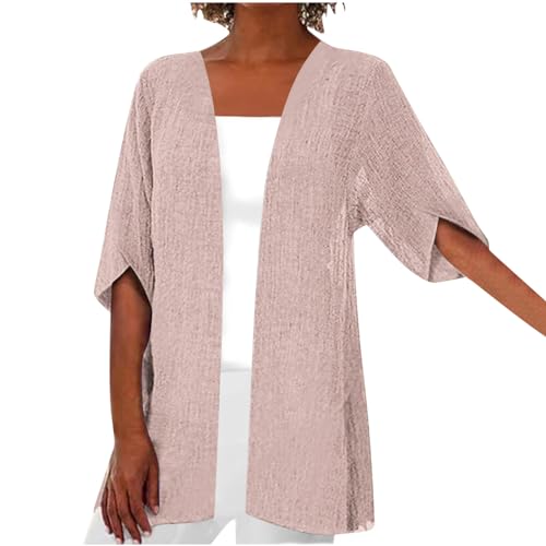 Leichte Strickjacke Damen Sommer Baumwolle Oversized Cardigan Elegant Leicht Dünne Open Front Kurzarm Loungewear Hemdbluse Mode Einfarbig Festlicher Tunika Tops Oberteile Jacke Longshirt S-5XL von RLEHJN