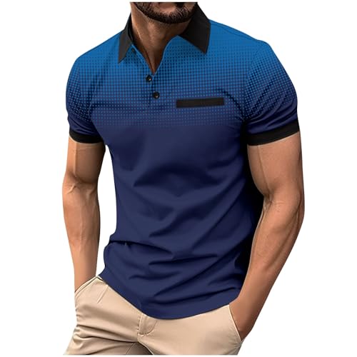 Poloshirt Herren Mit Brusttasche, T Shirts Männer, Gradient Polohemd Herren Kurzarm Schnelltrocknend Army Tshirt Sport Outdoor Poloshirt mit Knopfleiste Leicht T-Shirt Sommer Pactwork Golf Sports von RLEHJN