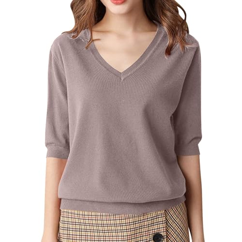 Pullover Damen Sommer V-Ausschnitt Kurzarmpullover Damen Langarm nahtlosem Stricktop, Leicht Strick Pulli Elegant Strickpulli mit Halbarm DüNne Weich Knit Sweater Warm Herbst Winter Outfit von RLEHJN