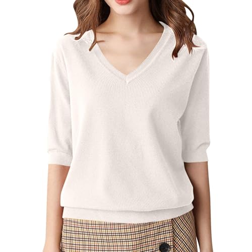 Pullover Damen Sommer V-Ausschnitt Kurzarmpullover Damen Langarm nahtlosem Stricktop, Leicht Strick Pulli Elegant Strickpulli mit Halbarm DüNne Weich Knit Sweater Warm Herbst Winter Outfit von RLEHJN