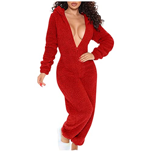 Damen Jumpsuit Teddy Fleece Einteiler Overall Anzug Flauschig, Rückenfreies Top, Einteiler Schlafanzug mit po Klappe Damen Lang, Winter Warm Onesie Damen Kuschelig, Kuschel Jumpsuit Flauschig von RLEHJN