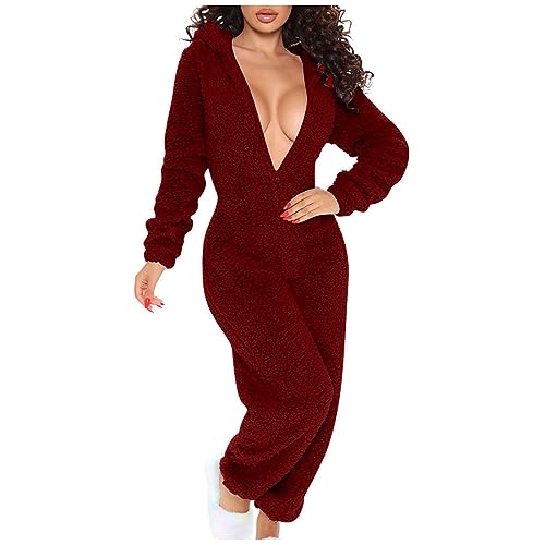 Einteiler Schlafanzug mit po Klappe Damen Lang, Damen Jumpsuit Teddy Fleece Einteiler Overall Anzug Flauschig, Rückenfreies Top Sale Damenbekleidung, Winter Warm Onesie Damen Kuschelig von RLEHJN
