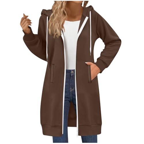 RLEHJN Full-Zip Hoodie Damen Oversized Sweatjacke Einfarbig Zip up Kapuzenpullover mit Taschen und Kordelzug Y2K Mode Lange Sweatjacke Outwear Langen Mantel Jacke Übergangsjacke mit Kapuze von RLEHJN