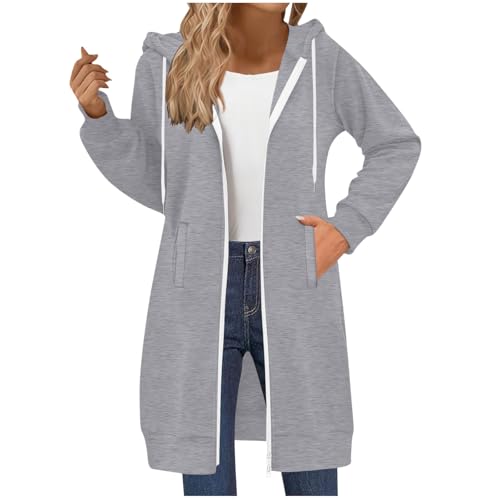 RLEHJN Full-Zip Hoodie Damen Oversized Sweatjacke Einfarbig Zip up Kapuzenpullover mit Taschen und Kordelzug Y17K Mode Lange Sweatjacke Outwear Langen Mantel Jacke Übergangsjacke mit Kapuze von RLEHJN