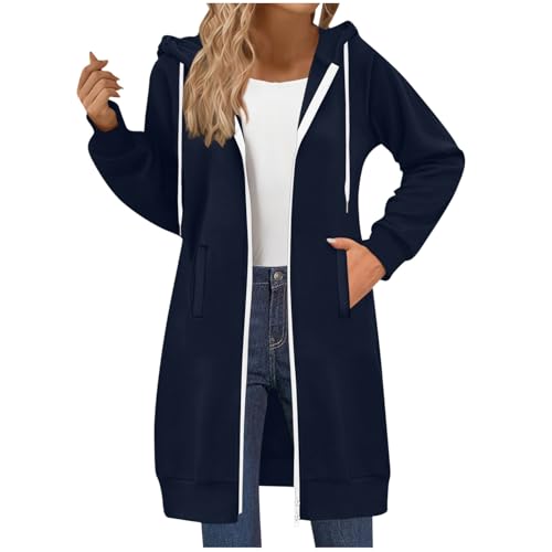 RLEHJN Full-Zip Hoodie Damen Oversized Sweatjacke Einfarbig Zip up Kapuzenpullover mit Taschen und Kordelzug Y2K Mode Lange Sweatjacke Outwear Langen Mantel Jacke Übergangsjacke mit Kapuze von RLEHJN