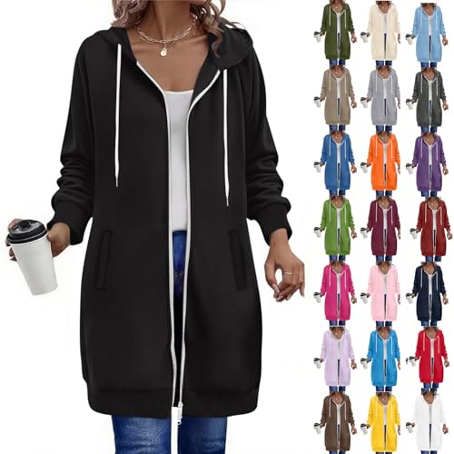 RLEHJN Full-Zip Hoodie Damen Oversized Sweatjacke Einfarbig Zip up Kapuzenpullover mit Taschen und Kordelzug Y2K Mode Lange Sweatjacke Outwear Langen Mantel Jacke Übergangsjacke mit Kapuze von RLEHJN