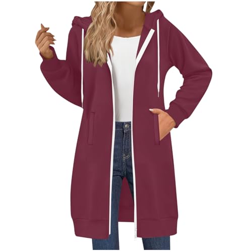 RLEHJN Full-Zip Hoodie Damen Oversized Sweatjacke Einfarbig Zip up Kapuzenpullover mit Taschen und Kordelzug Y2K Mode Lange Sweatjacke Outwear Langen Mantel Jacke Übergangsjacke mit Kapuze von RLEHJN