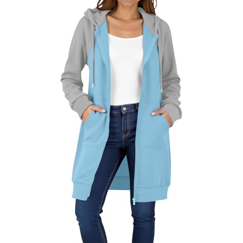 RLEHJN Full-Zip Hoodie Damen Oversized Sweatjacke Einfarbig Zip up Kapuzenpullover mit Taschen und Kordelzug Y2K Mode Lange Sweatjacke Outwear Langen Mantel Jacke Übergangsjacke mit Kapuze von RLEHJN