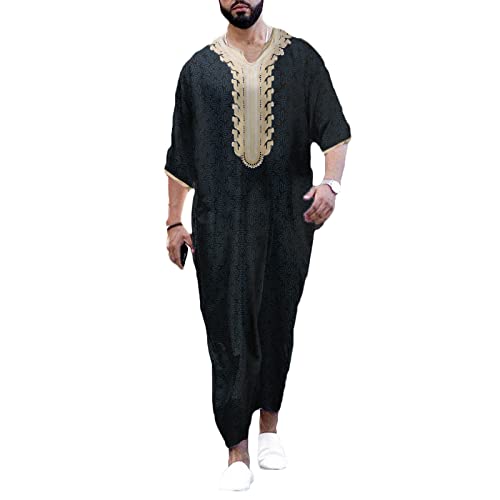 RLEHJN Herren Arabische Robe Ramadan Männer Muslim Langarm Thobe Herren Islam Kaftan Herren Middle East Thobe Sommer Baumwolle Nachthemden Casual Dubai Arab Kaftan Kleidung Herren Islamische Kostüm von RLEHJN