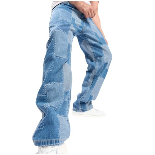 RLEHJN Jeanshose Herren Baumwolle Patchwork Farbblock Straight Leg Denim Jeans Retro Lose Hose Jogginghose Streetwear für Männer von RLEHJN