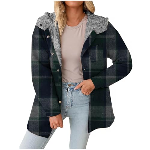 RLEHJN Karierte Wolljacke Damen Winter, Hemdjacke Fleece Gefütterte Winterjacke mit Kapuze Shackets Winter Tweed Übergangsjacke mit Knöpfen Strickjacke Einreihiger Kapuzenjacke Elegant von RLEHJN
