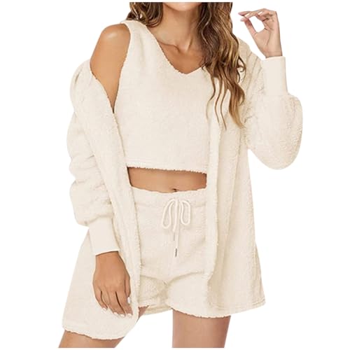 RLEHJN Pyjama Set Damen Kurz Plüsch Schlafanzug 3 Stücke Pyjamas Nachtwäsche Weich Warm Fuzzy Samt Fleece Bademantel Shorts Y2K Winter Lounge Nachtwäsche Sets Sleepwear Nachtkleider Sets von RLEHJN