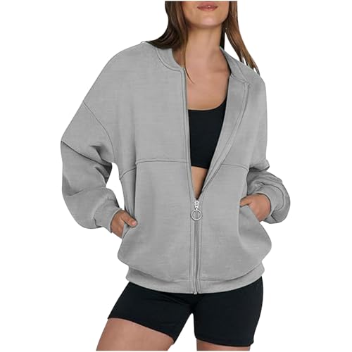 Sale Angebote des Tages Sweatjacke Damen Ohne Kapuze, Pullover Mit Taschen Zip Up Casual Hoodie Sweatshirt Damen Langarm Elegant Oberteile Einfarbige Langarmshirt Tops Y2k Streetwear Kapuzenpullover von RLEHJN