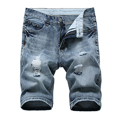 Sommer Herren Trendy Jeansshorts Männer Jogger Activewear Klassisch Zerrissene Persönlichkeit Ripped Distressed Essentials Denim-Shorts Ausgefranster Saum Atmungsaktives Elastisch Fitness Streetwear von RLEHJN